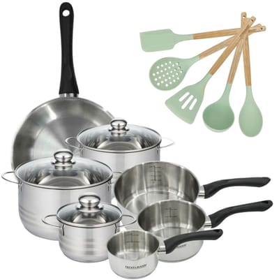 Set 1 Koekenpan 28cm, 3 Kookpotten 16/20/24cm en 3 Steelpannen 12/16/20cm Fackelmann Genève met 5 Ocean keukengerei