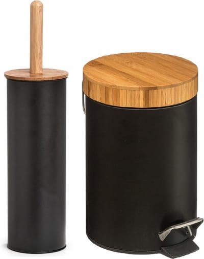 Zeller Badkamer/toilet accessoires set - WC-borstel/pedaalemmer- zwart - metaal/bamboe