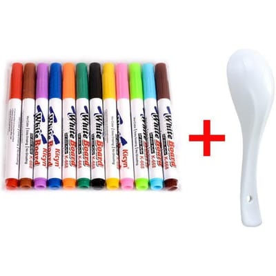 Stylo Magique Aquarelle Flottante, Stylo Marqueur Blanc Lavable 12 Couleurs, Ensemble de Stylo Flottant sur l'Eau Puzzle Dessin pour Enfants 12 Pcs with Spoon