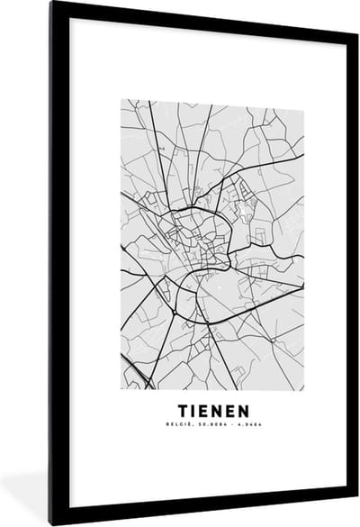 Fotolijst incl. Poster Zwart Wit- Zwart Wit – België – Plattegrond – Stadskaart – Kaart – Tienen - 60x90 cm - Posterlijst
