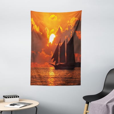 ABAKUHAUS Tropisch Wandtapijt, Zonsondergang in Key Florida, Woonkamer Slaapkamer Wanddoek Zijdezacht Satijn Wandtapijt, 100 x 150 cm, Oranje Donker Oranje