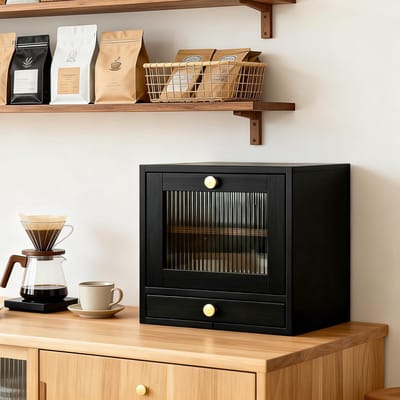 Houten Broodtrommel met Besteklade - 2 Niveaus Grote Brooddoos - Landelijk Nieuw-Zeelands Grenenhout met Acryl Venster - Keuken Organizer - Zwart- 36,5 x 24 x 41 cm