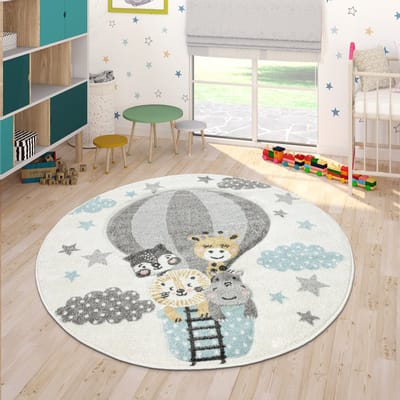 Paco Home Kinderkamer Vloerkleed Blauw Grijs Heteluchtballon Wolken Dieren 3D-Design Pastel Ø 200 cm Rund