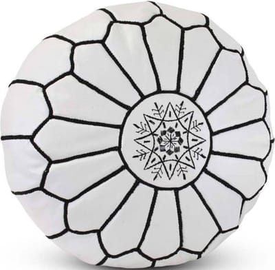 | Marokkaanse Leren Poef | Wit/Zwart | 50 Ø | H 30 cm | Handgemaakt | Gevuld geleverd |