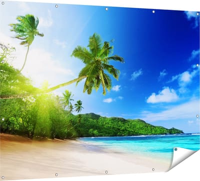Gards Tuinposter Strand tijdens Zonsondergang in Seychellen - 160x120 cm - Tuindoek - Tuindecoratie - Wanddecoratie buiten - Tuinschilderij