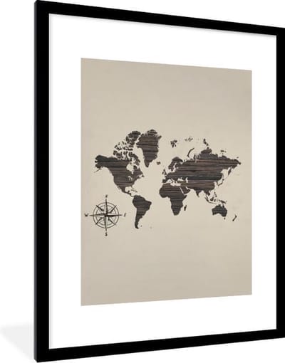 Poster in lijst - Fotolijst 60x80 cm - Posters - Wereldkaart - Hout - Vintage - Posterlijst zwart - Decoratie - Wanddecoratie woonkamer - Muurdecoratie slaapkamer