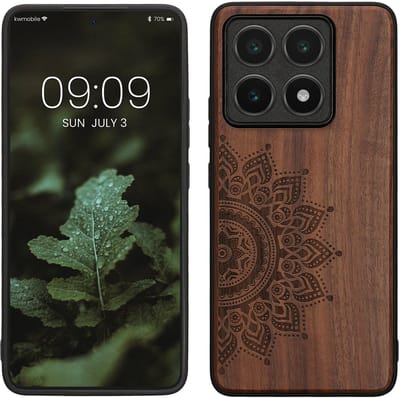 kwmobile telefoonhoesje geschikt voorXiaomi 14T - Hoesje met bumper - hout - In donkerbruin Opkomende Zon design