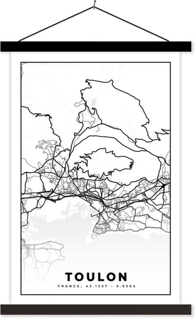 Posterhanger incl. Poster 40x60 cm - Schoolplaat - Stadskaart - Frankrijk - Toulon - Kaart - Plattegrond - Zwart wit - Textielposter - Zwarte latten - Stadskaart
