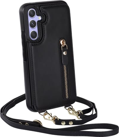 Casemania Hoesje Geschikt voor Samsung Galaxy A14 - Zwart - Luxe Back Cover met Koord & Rits - Wallet Case met Pasjeshouder - Lanyard Telefoonhoes - Cord Case