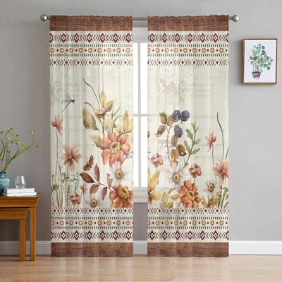Herfst Plant Bloemen Pastorale Stijl Retro Slaapkamer Transparante Vitrages Vakantie Decoratie Raam Voile Tule Gordijn 135W x 114H(cm) white