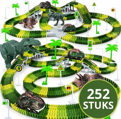 Montzys® Dinosaurus Racebaan - 260 Delige Autobaan - Dino Speelgoed Elektrisch - Flexibele Auto Racetrack - Sinterklaas & Kerst Cadeau Voor Kinderen
