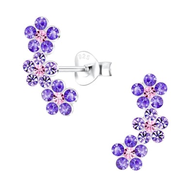 Joy|S - Zilveren bloem oorbellen - 3 bloemen - roze paars kristal