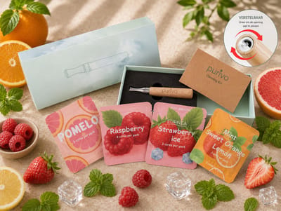 Purivo verstelbare aromatherapie-inhaler van hout en metaal met 4 geurpod-verpakkingen (Pomelo, Raspberry, Strawberry Ice, Mint/Sweet Orange/Lemon, elk 3 pods) en reinigingsdoekje