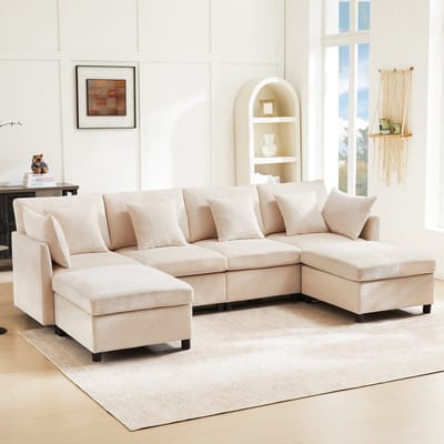 Wishdor - Modulaire Hoekbank Met 2 Verplaatsbare Hockers En 6 Kussens - U- Of L-Opstelling - Chenille - Beige - 278 X 161 X 81 Cm