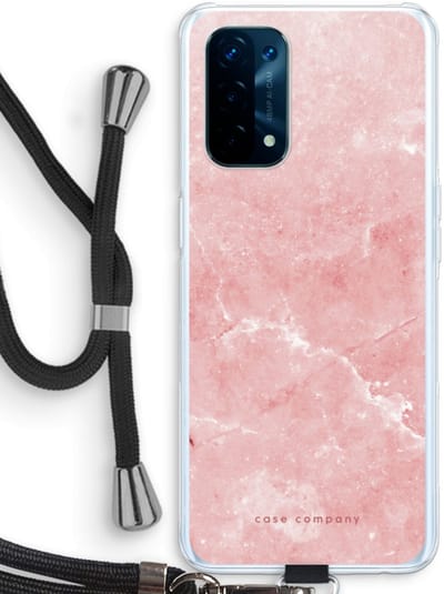Case Company® - Hoesje met koord geschikt voor Oppo A74 5G hoesje met Koord - Roze marmer - Telefoonhoesje met Zwart Koord - Bescherming aan alle Kanten en Over de Schermrand