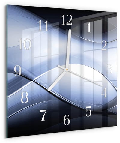 Tulup Wandklok - Abstractie Wandklok Glas Decoratie - 30x30 cm - Blauw Gekleurde Glazen Klok - Witte Handen - Vierkante Wandklok - Wandklok Glas Met Motief - Decoratieve Glazen Klok
