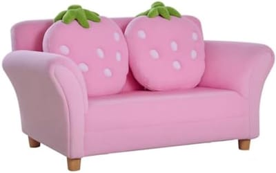 Kinderbank Kinderfauteuil Zachte Tweedelige Bank met Aardbeienmotief en Kussens - Stabiele Kinderstoel voor Slaapkamer - Coral Fleece Bekleding - Houten Frame