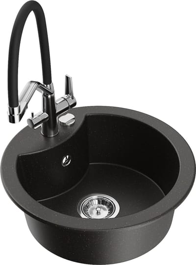 Mexen Diego granieten gootsteen 1-komors met keukenmengkraan Duo, zwart/goud metallic - 6512-75-671701-07