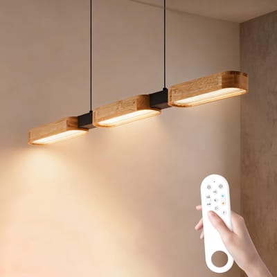 Epochglo Eetkamer Hanglamp met Afstandsbediening - Hout LED Eetkamerlamp Ø90 cm - In Hoogte Verstelbaar - 25W 1875LM - Dimbaar 3000K-6500K - Nachtlampstand - Geheugenfunctie - Voor Eettafel, Woonkamer, Slaapkamer