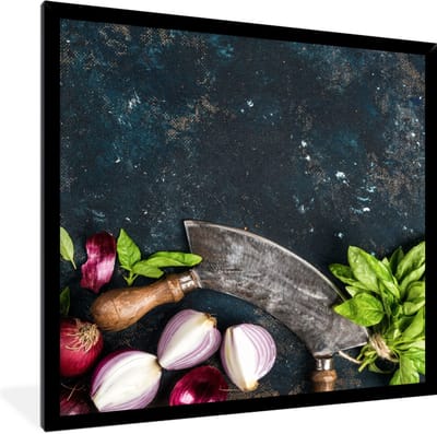 Fotolijst incl. Poster - Groente - Kruiden - Wiegemes - Ui - Specerijen - Rustiek - 40x40 cm - Posterlijst