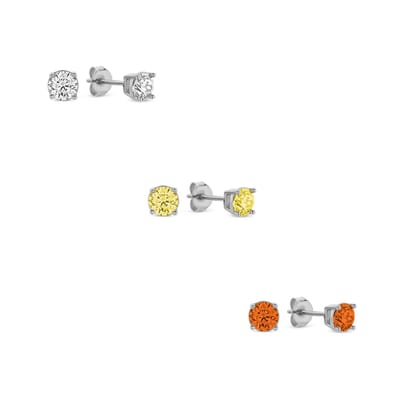 New Bling 9SIL-SET0033 Zilveren Zirkonia Oorknoppen Set 4mm Wit Geel Oranje Earparty - Rhodium - Zilver