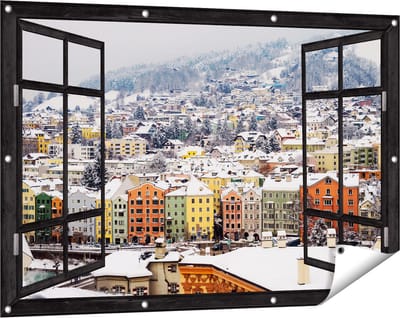 Gards Tuinposter Doorkijk Gekleurde Huisjes met Sneeuw in Oostenrijk - 120x80 cm - Tuindoek - Tuindecoratie - Wanddecoratie buiten - Tuinschilderij