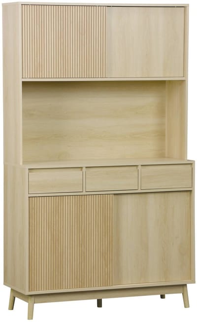 sweeek - Buffetkast 4 schuifdeuren 3 lades en open vak houtdecor deels gegroefd 110cm - linear