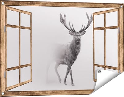 Gards Tuinposter Doorkijk Hert - Zwart Wit - 90x60 cm - Tuindoek - Tuindecoratie - Wanddecoratie buiten - Tuinschilderij