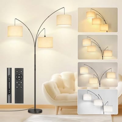 Moderne 3-boog LED vloerlamp met afstandsbediening en dimfunctie, zwarte hoge lamp voor slaapkamer en kantoor