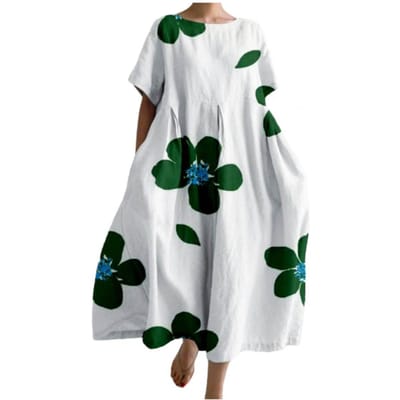 Damesjurk met losse ronde hals, korte mouwen, Boheemse stijl, artistieke bloemenprint, zachte, oversized strandreis zomer midi-jurk L