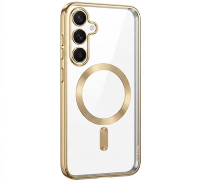 Transparant goudkleurig telefoon hoesje met metallic randen – geschikt voor Samsung S25 MagSafe – luxe backcover met MagSafe ring en camera bescherming
