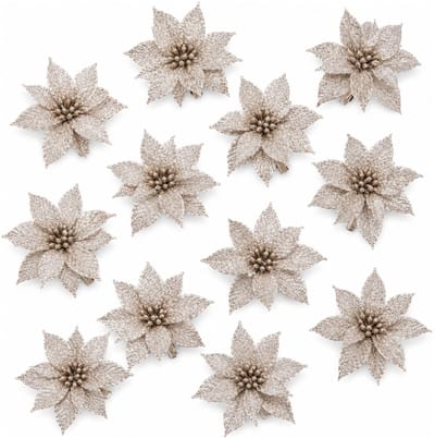 Cosy & Trendy Decoratie rozen bloemen - 12x st - champagne - glitter - op clip - 8 cm - kerstversiering