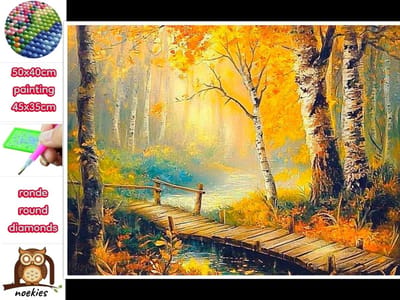 50x40cm Diamond Painting herfst bos brug (rond) nr 135
