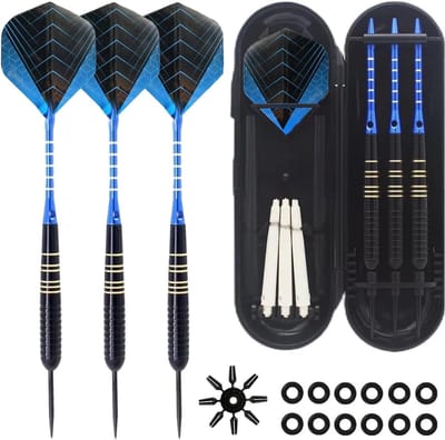 Professionele set van 3 blauwe darts 22g met aluminium schachten en dartcase voor recreatief en sportief gebruik