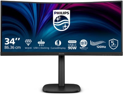 Philips 34B2U3600C - 34 inch Ultrawide Curved QHD Business Monitor - USB-C 90W - RJ45 - 120Hz - 5 jaar garantie