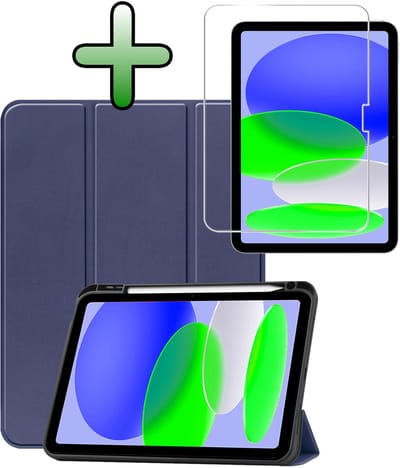 Hoesje Geschikt voor Apple iPad A16/A18 (2025/2026) - 11 inch (11e & 12e generatie) - Met Screenprotector - Trifold Bookcase - Hard Cover Case - Met Uitsparing Geschikt voor Apple Pencil - Hardcover Book - Tablet Hoes - Donkerblauw