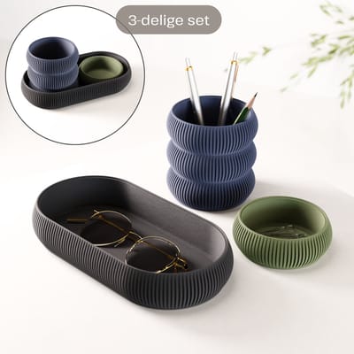 Fleuriek - Bureau organizer set 3-delig - Stapelbaar & modulair - Pennenhouder met opbergbakjes voor bureau, keuken, badkamer & make up - Blauw-Groen-Zwart