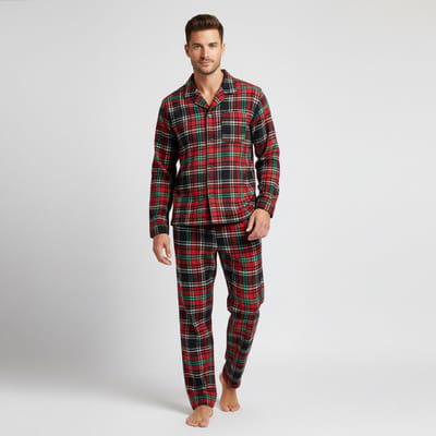 La-V Flanel pyjamaset voor heren met geruit patroon Rood/Zwart S