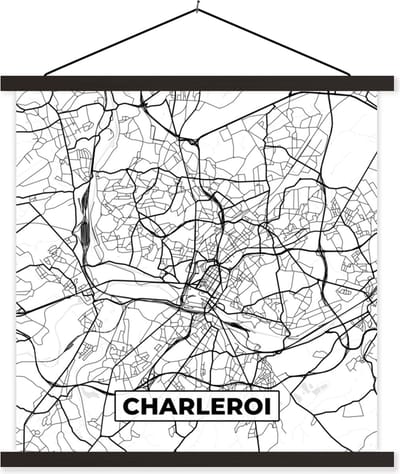Posterhanger incl. Poster 60x60 cm - Schoolplaat - Stadskaart – Plattegrond – België – Zwart Wit – Charleroi – Kaart - Textielposter - Zwarte latten - Stadskaart