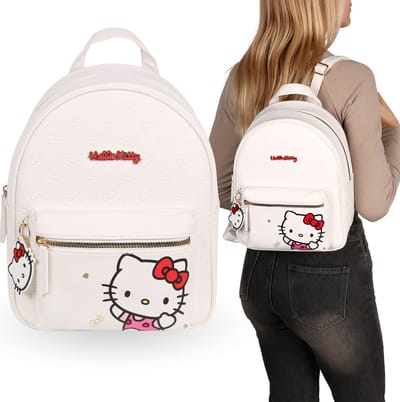 Hello Kitty Witte leren rugzak met sleutelhanger, damesrugzak voor in de stad 29x24x11 cm