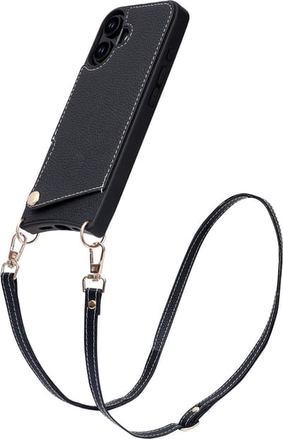 Casemania Hoesje Geschikt voor Apple iPhone 16 - Back Cover met Draagkoord - Pasjeshouder Hoes met Bandje - Crossbody Telefoonhoesje - Lanyard Case - Zwart
