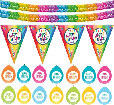 Haza Verjaardag versiering pakket Happy Birthday - ballonnen/vlaggetjes/feestslinger