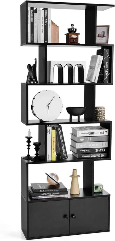COSTWAY Boekenkast met deuren, staand rek met 5 niveaus, ruimteverdeler, van hout, opbergrek voor woonkamer, slaapkamer, 183 x 70 x 23 cm (zwart)