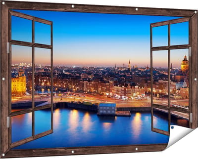 Gards Tuinposter Doorkijk Amsterdam Centrum in de Nacht - 150x100 cm - Tuindoek - Tuindecoratie - Wanddecoratie buiten - Tuinschilderij