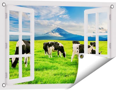Gards Tuinposter Doorkijk Koeien in de Wei - 60x40 cm - Tuindoek - Tuindecoratie - Wanddecoratie buiten - Tuinschilderij