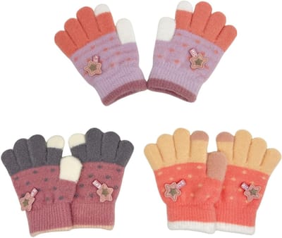3 Paar Kinderen Magische Gebreide Handschoenen, Kleurrijke Zachte Warme Winterhandschoenen, Volledige Vinger Wantjes met Sterrenpatroon en Rekbare Stof