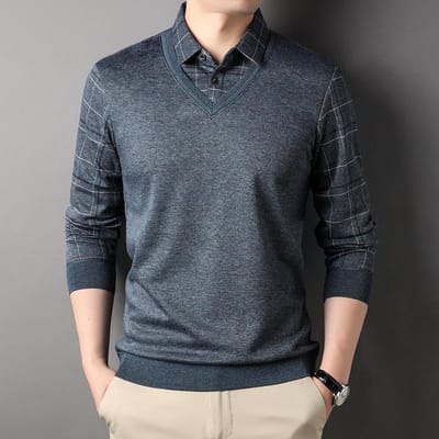 Zakelijke Revers Mode Gestreept Gebreid Trui Heren Nieuwe Fake Tweedelige Gebreide Truien Jong en Middelbaar Shirtkraag Top 3XL gray