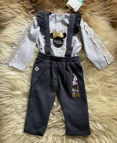 Disney Minnie Mouse Set - 2 Delig - Grijs/Goud - Salopette met shirt - Maat 74 (12 maanden - 74 cm)