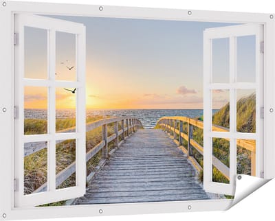 Gards Tuinposter Doorkijk Voetpad met Zee en Vogels - 150x100 cm - Tuindoek - Tuindecoratie - Wanddecoratie buiten - Tuinschilderij