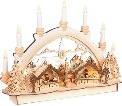 BRUBAKER 3D-lichtboog, kaarsboog met ledkaarsen, kerstmarkt 2024, kerstverlichting van natuurlijk hout, 31 x 41 x 11 cm, handbeschilderde figuren, kerstdecoratie voor tafel en raam